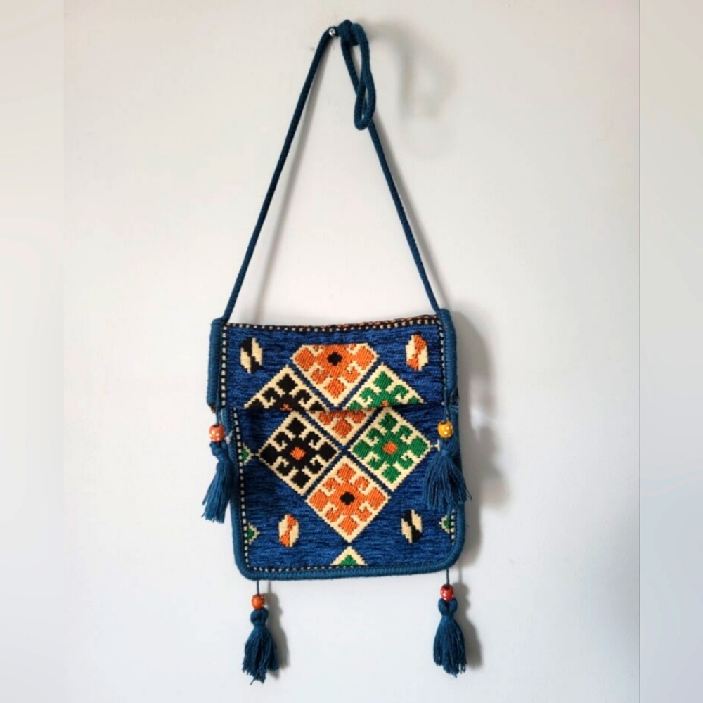 Hand Crafted Blue and Multicolor Patterned Woven Bag